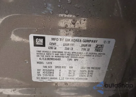 2021 Chevrolet Trax Fwd Lt z USA, uszkodzony, nr VIN KL7CJLSB2MB346469